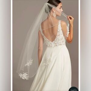 Davids Bridal Ivory lace appliqué pearl scalloped mid length veil.
